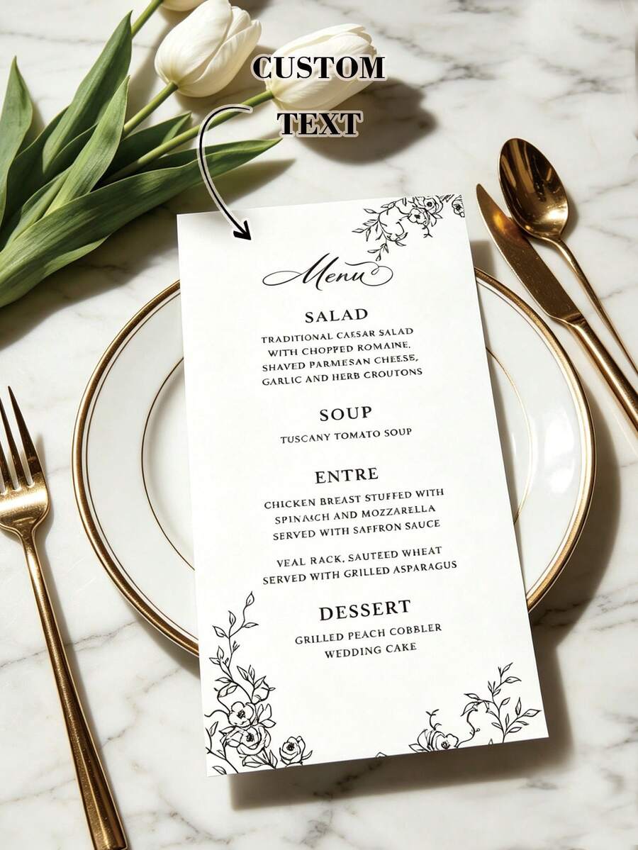 Personalized Wedding Menu Card, Elegant Minimalist Floral Design, Wedding Dinner Menu, Wedding Table Decor, Customizable Event Menu Card, Personalized Card, Suitable For Wedding, Bridal Shower, Minimalist Wedding Table Decor - Menu Card - View 1