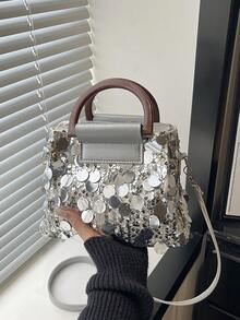 Bộ 2 túi xách đính sequin, túi đeo vai và đeo chéo thời trang cho tiệc tối. - Bạc - Xem 8