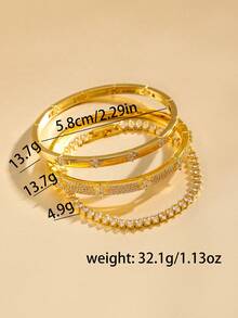 Set de 3 pulseras, pulsera de trébol de cuatro hojas de oro/plata con circonita cúbica, conjunto de joyas elegante adecuado para uso diario, citas, etc. de las mujeres - Dorado - Ver 3