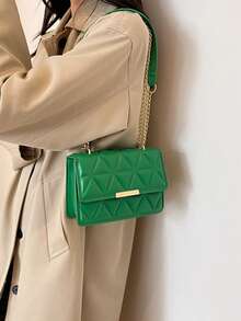 1pc Fashionable Solid Color Pressed Texture Flap Chain Mini Shoulder Bag,Purses For Women - Green - View 2