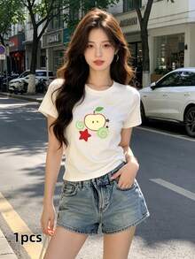 SUMMER Tops A Tight-Fitting Top, Creative Cute Apple Star Pattern Printed T-Shirt, Tight-Fitting Short-Sleeved Round Neck Casual Top, Summer And Spring, Women's Clothing Only Tops/No Bottoms L14658, Tops For Women, Vacation Outfits For WomenCasual Daily Wear,Easter Short Sleeves,Easter Outfits For Women - 白色 - 查看 1