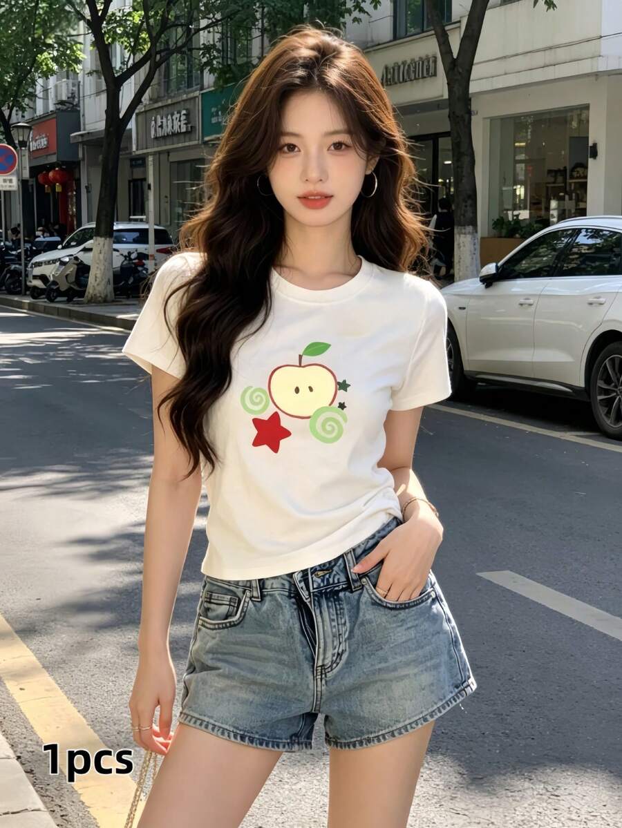 SUMMER Tops A Tight-Fitting Top, Creative Cute Apple Star Pattern Printed T-Shirt, Tight-Fitting Short-Sleeved Round Neck Casual Top, Summer And Spring, Women's Clothing Only Tops/No Bottoms L14658, Tops For Women, Vacation Outfits For WomenCasual Daily Wear,Easter Short Sleeves,Easter Outfits For Women - 白色 - 查看 1