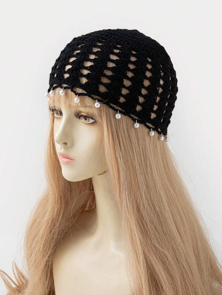 1pc Women's Fashion Hollow Pearl Pendant Hand-Knitted Hat, Suitable For Boho Beach Daily Outfit - A - View 5