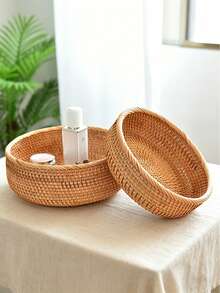 1/3pcs Round Woven Storage Basket, Suitable For Vegetables, Fruits, Bread, Snacks, Can Decorate Tabletop, Living Room, Bathroom, Kitchen Counter (Small/Medium/Large), Modern Boho Style Rope Plant Hanging Basket, Wooden Rattan Geometric Basket, Natural Metal Frame Accent, Suitable For Coastal Garden Decor - Khaki - View 4