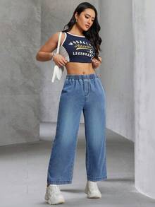 Calça cropped feminina casual de perna larga, corte reto, cintura elástica, tecido sem elasticidade, cor sólida, adequada para todas as estações, tecido de primavera - Azul - Ver 3