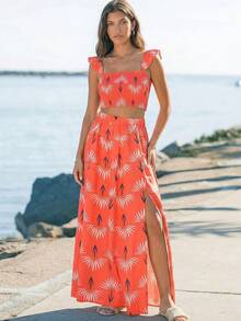 ZIAI 波希米亞印花高衩大腿高海灘度假洋裝 夏季 - 珊瑚橙 - 查看 4