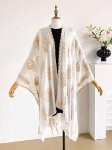 一件优雅海洋生物刺绣分叉披肩，女士春夏沙滩罩衫，轻盈防晒开衫，百搭奢华配饰，理想的日常穿搭和礼物 - 白色 - 查看 2