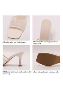 Damen Mesh Blumen Stiletto Sandalen, modische Quadratische Zehenspitze High Heels, stilvolle atmungsaktive Slip-On High Heels - Beige - Übersicht 8