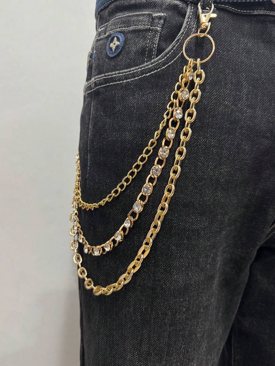 1pc Fashionable Multi-Layer Gold Metal Pant Chain, Unisex Jewelry, Aluminum Chain With Rhinestone Inlay, Decorative Apparel Chain For Daily Wear And Parties - Multicolor - View 1