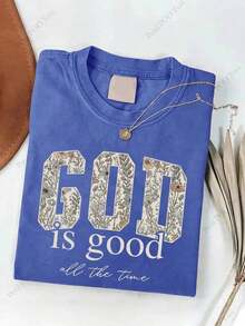 Summer Tops2026 Women's 230g Heavyweight Retro Christian T-Shirt-Vintage "God Is Good" And "It's Always Been Like This" Bible Verse Print, Crew Neck Short Sleeve Casual T-Shirt, Suitable For Church Activities, Casual Fits, Holiday Gifts (Machine Washable)Faith-Themed Clothing, Wax-Print Vintage Style, H-Cut Design, Suitable For All Seasons, Soft And Breathable Fabric, No Padding, Pullover Design, Suitable For Spring And Summer, Whitetops,Valentinesdayfit,Mardigras,Summertops,Clearancesaleforwomen,Valentinefitsforwomen,Womentops,Fairycore,Superbowl,CostumeselegantthewomanLoose And Comfortablesummer Clothes - 淺藍色 - 查看 9