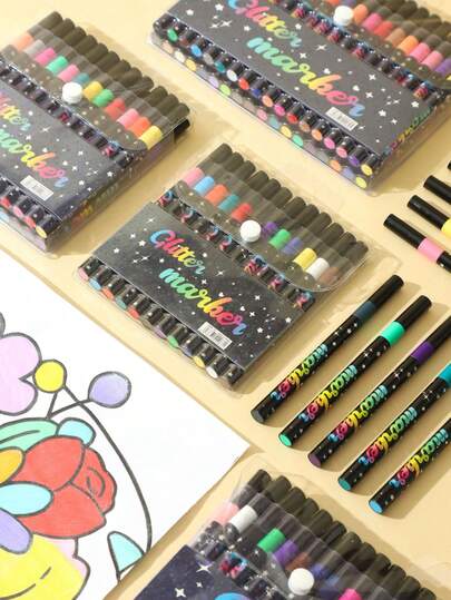 12/24/36/48 pièces Stylos marqueurs pailletés, stylos pinceaux pour l'art des étudiants, marqueurs de journal nacrés, convient pour le traçage, cadeau de rentrée scolaire, couleurs aléatoires