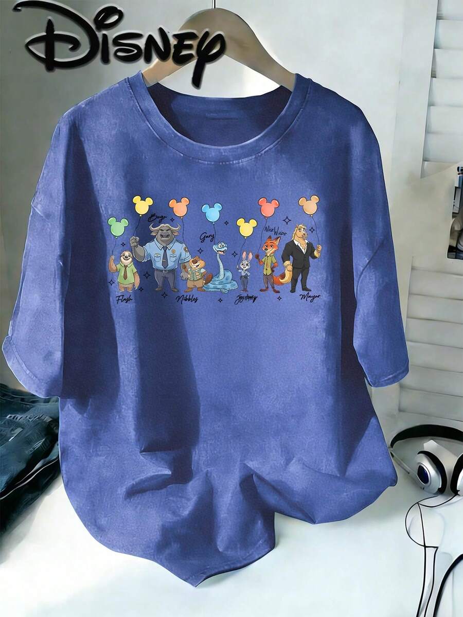 Disney Zootopia All Characters Balloon Vintage Washed Brown Oversized Cotton T-Shirt, Extra Large Baggy Fit Tee For Family, Zootopia Fan Top - 藍色 - 查看 1