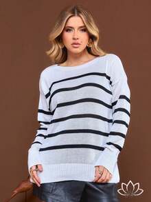 Women's Striped Knit Sweater, Knitted Cold Weather Blouse, Autumn/Winter Fashion - White - View 3