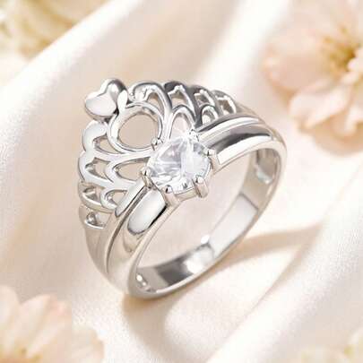 1pc Women's Elegant Exquisite Sparkling Round Cubic Zirconia Ring, Crown Design, Suitable For Wedding, Engagement, Valentine's Day, Birthday, Anniversary, Party