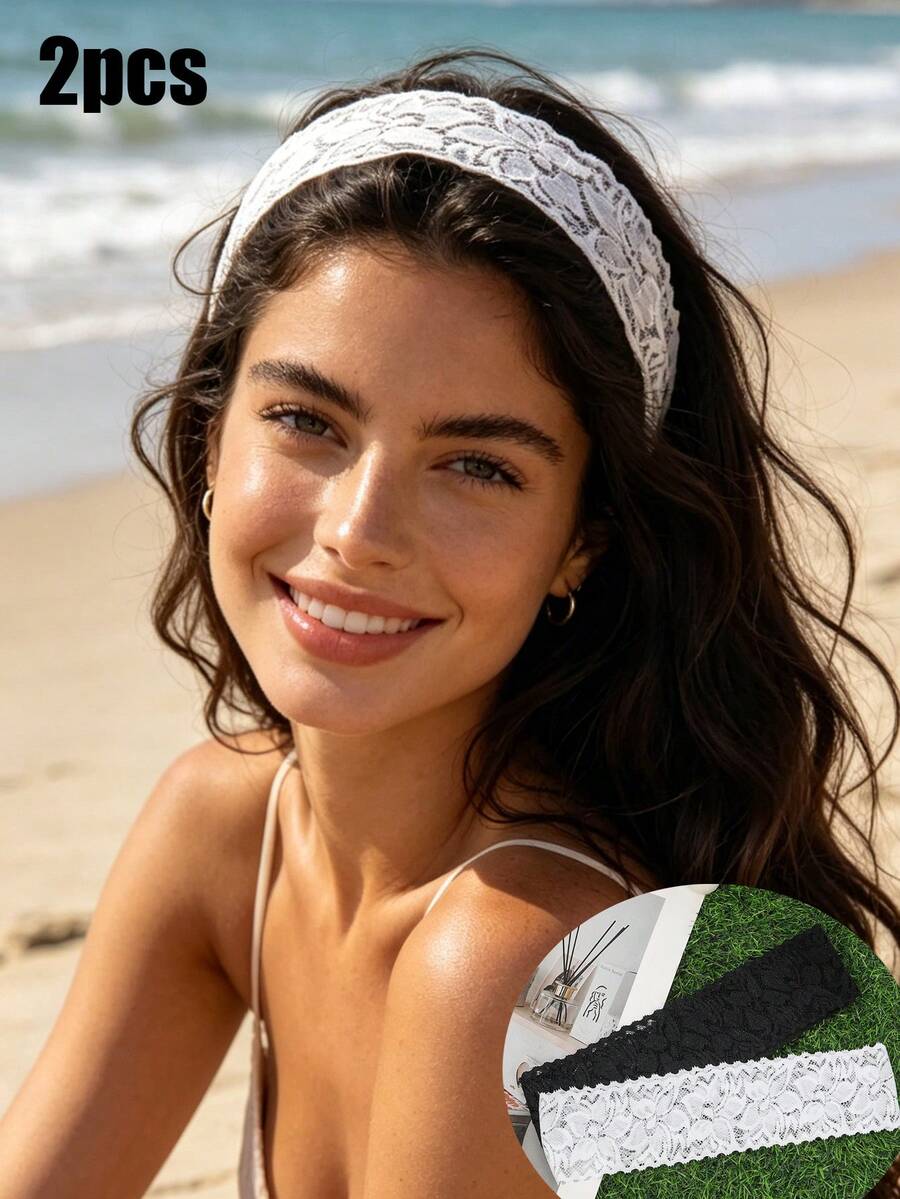 2条蕾丝三角梅印花发带，用途广泛，适合海滩度假和休闲场合，夏季发饰，假日必备 - 彩色 - 查看 1