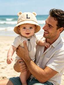 1pc Adjustable Breathable Kids Hat, 26 Alphabet Personalized Beach Sun Protection Bucket Hat, Suitable For Toddlers Boys Girls, Vacation Outdoor Activities Daily Use, Birthday Gift - Khaki - View 3