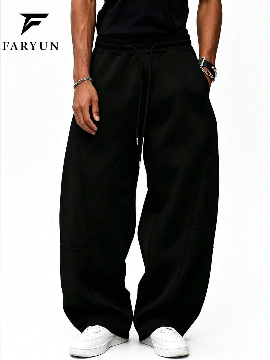 Men's Solid Color Drawstring Waist Pocket Casual Loose Sweatpants, Black Loose Sweatpants - Black - View 1