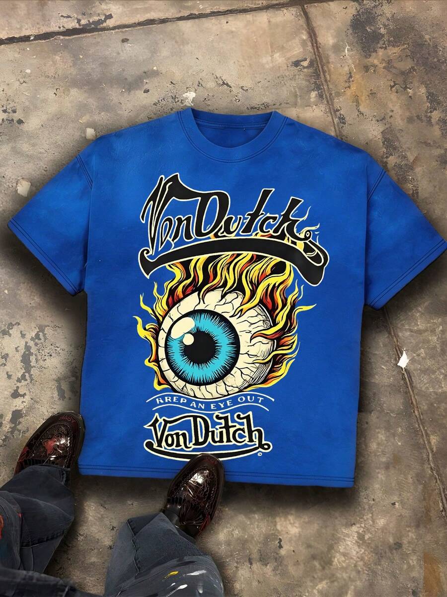 Von O Dutch Classic Flying Wing Burning Big Eye Tops - Oversized Old Printed Washed T-Shirt. Men's 100% Cotton, Loose Fitting, Y2K Street Retro Casual Urban Aesthetics, 100% Cotton Pullover. Gifts Men Clothes Men Shirts Graphic Teens Men Vintage T Shirts Graphic Tees Tanktop - Màu xanh lam - Xem 1
