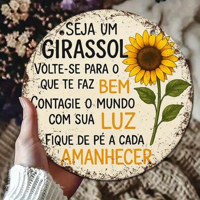 2D Flat Design, 1 szt., dekoracja ścienna w stylu vintage z motywem słonecznika z portugalskim hasłem "O Brilha Para Todos" (Świeci dla wszystkich) – rustykalna metalowa tabliczka, odpowiednia do sypialni lub przedpokoju, inspirująca dekoracja domu, na Boże Narodzenie i prezenty, nie wymaga prądu, 2D Flat (losowe rozmieszczenie otworów)