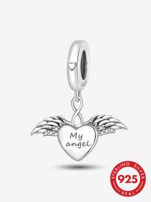 1pc 925 Sterling Silver Shiny Heart Angel Pendant Charm, Suitable For DIY Bracelet, Women Jewelry - Angel Wings - View 2