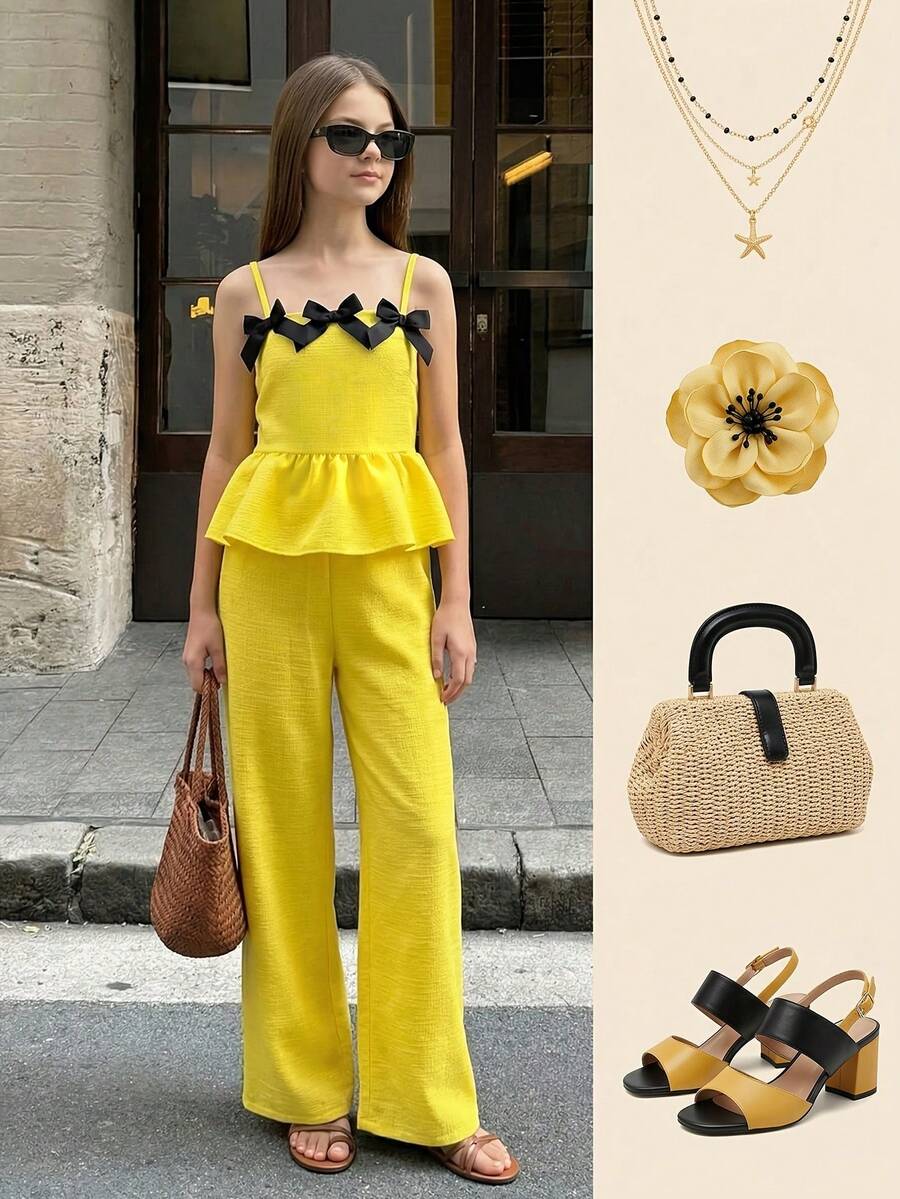 Bộ đồ hè cho bé gái gồm áo có nơ trang trí và quần ống rộng thoải mái màu trơn, 2 món thích hợp cho dã ngoại và mặc thường ngày. - Màu vàng - Xem 1