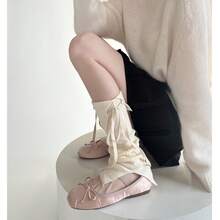 Ballet-Style Sweet Girly Niche Lace-Up Bow-Knot Stacked Knit Solid Color Leg Warmers, Korean Versatile Split Leg Warmers - 乳白 - 查看 7