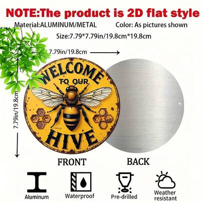 2D Flat, 1pc Vintage "Welcome To Our Hive" Metal Wall Decor - 7.8 Inch Round Aluminum Sign With Bee & Honeycomb Design, Rustic Yellow Background, Durable Home Decor For Home, Cafe, Garage - No Electricity Needed, Ideal Gift For Friends & Family, 2D Flat (Hole Positions Random)