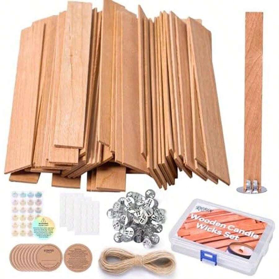 200pcs Thickened Wooden Candle Wicks Kit For Candle Making – Natural Smokeless Crackling Include 100pcs Wood Wicks With 100pcs Metal Bases, DIY Soy Wax Supplies - 50pcs - 查看 1