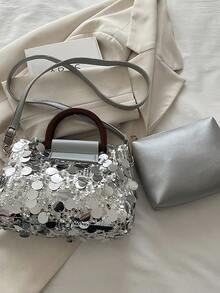 Bộ 2 túi xách đính sequin, túi đeo vai và đeo chéo thời trang cho tiệc tối. - Bạc - Xem 1