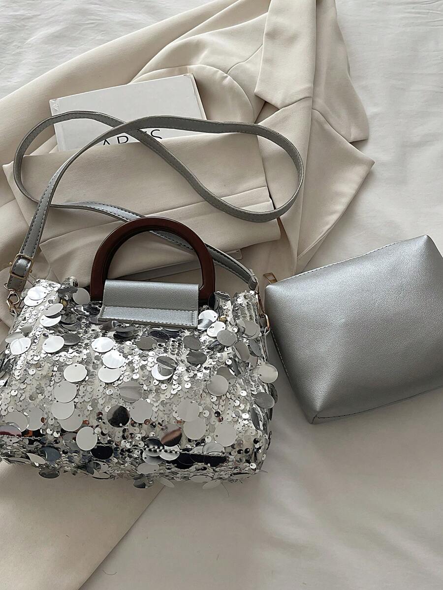 Bộ 2 túi xách đính sequin, túi đeo vai và đeo chéo thời trang cho tiệc tối. - Bạc - Xem 1