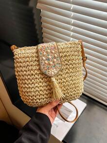 2026 Spring/Summer Fashionable New Straw Bag, Tassel Shoulder/Crossbody Bag, Beach Vacation Bag - Beige - View 11