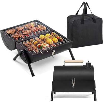 Portable Double Sides Charcoal Grill, Thermometer & Wooden Handle,Storage Bag, Multi-Functional Metal Compact Tabletop BBQ Outdoor Charcoal Grill For Camping Travel Picnic Patio