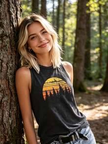 Sunset Forest  Print,Women's Casual Vest,Comfortable,Suitable For Outdoor And Daily Wear,Suitable For Gifts For Friends And Family On Holidays - 灰色 - 查看 3
