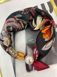 1pc Bandana With Star, Starfish, Cashew Print Elements, Pearl Magnetic Clasp Neck Scarf - Multicolor - View 4
