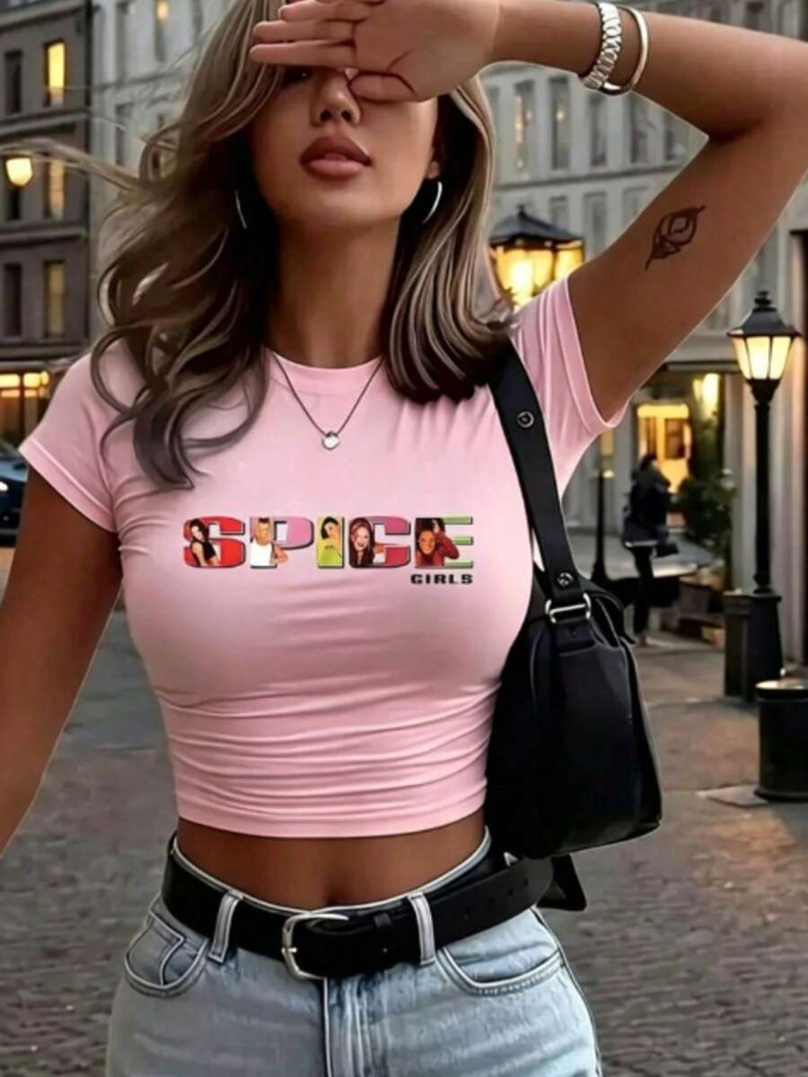 1pc Women's Y2K Retro Spice S Inspired Graphic T-Shirt - Short Sleeve Cropped Top With Spice S Print, Casual Birthday Party Outfit, Nostalgic 90s P - 粉色 - 查看 1