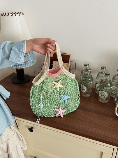 休闲多功能渔网撞色沙滩包，大容量时尚通勤包，单肩手提包
