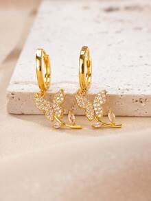 1 Đôi bông tai dáng dài nhiều họa tiết dễ thương, mạ vàng 18K hình bướm, sao, trái tim, vương miện, bông tai nữ tính dành cho phái nữ, quà tặng đeo hàng ngày - Vàng - Xem 3