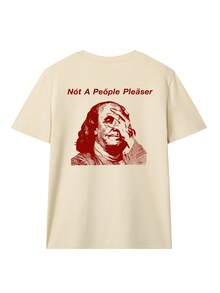 Lightweight, Comfortable, Soft Short Sleeve T-Shirt, Suitable For All-Day Wear, INS Street Style Pinterest "Not For Others" Benjamin Franklin Face Print, Cream Color Summer Top Casual - Apricot - View 4