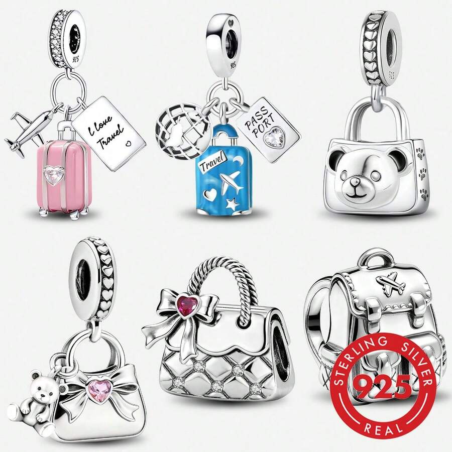 1 chiếc mặt dây chuyền hình túi du lịch dễ thương bằng bạc Sterling 925, thích hợp để trang trí vòng tay cho nữ hoặc làm đồ trang sức DIY.