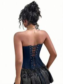 Áo ống corset quây ngực nửa xuyên thấu họa tiết da báo lưới phong cách vintage quyến rũ cho mùa hè, buộc dây sau lưng, định hình cơ thể, phối đồ đi concert và du lịch - Màu xanh hải quân - Xem 2