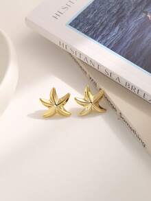 4-16pcs Starfish Textured Asymmetric Leaf Earrings, Suitable For Party, Banquet, Travel, Wedding, Vacation, Daily Wear, Jewelry Gift - Gold - View 7