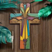 2D Printed Vibrant Handmade Wooden Cross | Exquisite Design And Stunning Details | Suitable For Bedroom, Living Room And Church Decor | Multipurpose Design For Indoor And Outdoor Use, Suitable For Holidays And Daily Display | Ideal For Christmas, Halloween, Easter, Thanksgiving And Church Wall Decor | 11 Pieces Of Wooden Crafts Specially Made For Festivals, 2D Design - Multicolor - View 6