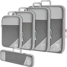 Juego de 5 Bolsas Organizadoras Compresión Impermeables - Organizador Maleta con Cremalleras Reforzadas Ahorra 50% Espacio Multiusos para Ropa Mochila Equipaje de Mano - Gris - Ver 2