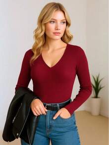 Long Sleeve Winter Blouse V Neck Ribbed Ribbed Simple Casual Everyday - Burgundy - View 7