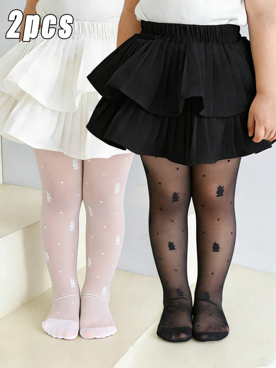 2条装女婴/幼儿兔耳提花图案薄款连裤袜，弹力踩脚裤，适合日常穿着和舞蹈，四季皆宜