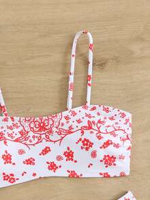 Conjunto de bikini bandeau con estampado floral para mujer, traje de baño sexy con espalda descubierta y elasticidad media con Bottom de bikini para vacaciones - Rosa - Ver 8