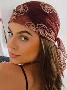 1pc Fashion Women's High-Quality Lightweight Embroidered Floral Bandana Scarf, Suitable For Weddings, Parties, Gatherings, And All Seasons,Holiday,Travel Essential - Burgundy - View 3