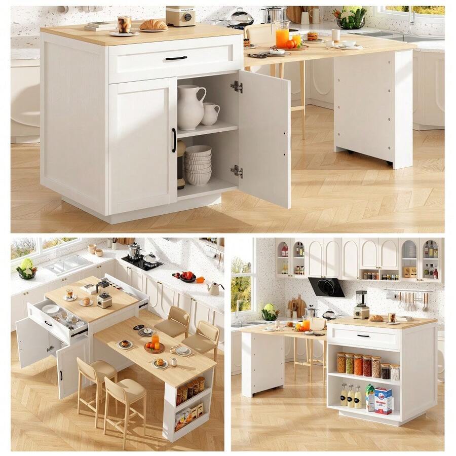 Extendable Bar Table With Storage 133 202 * 70 * 93.5 Cm With 2 Drawers And 2 Compartments Expandable Kitchen Island Table For 2 6 People Kitchen Dining Cart With Side Shelves White. - White + MDF - View 1