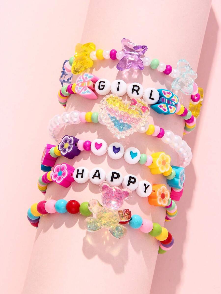 6pcs/Set Cute Butterfly, Flower, Letter, Heart, Bear Beaded Bracelet Set, Suitable For Spring/Summer Festivals, Parties, School, Birthday Gifts For Girls, Random Color - Multicolor - View 1