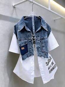 Casual Letter Plain Button Front Pocket Short Sleeve Blouse For Daily Wear - 白色 - 查看 1
